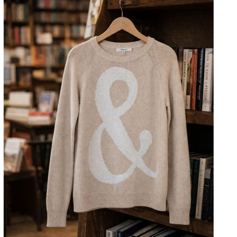 Madewell Cream White Ampersand Graphic Cotton Crew Neck Sweater XS Academia Rare